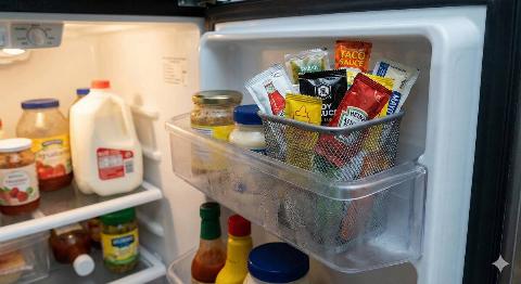 A pencil holder being used to hold condiment packets in a fridge. 