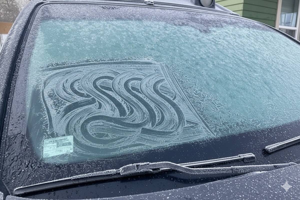 A windshield of a car that has had a potato rubbed on it to make the ice easy to clear. 