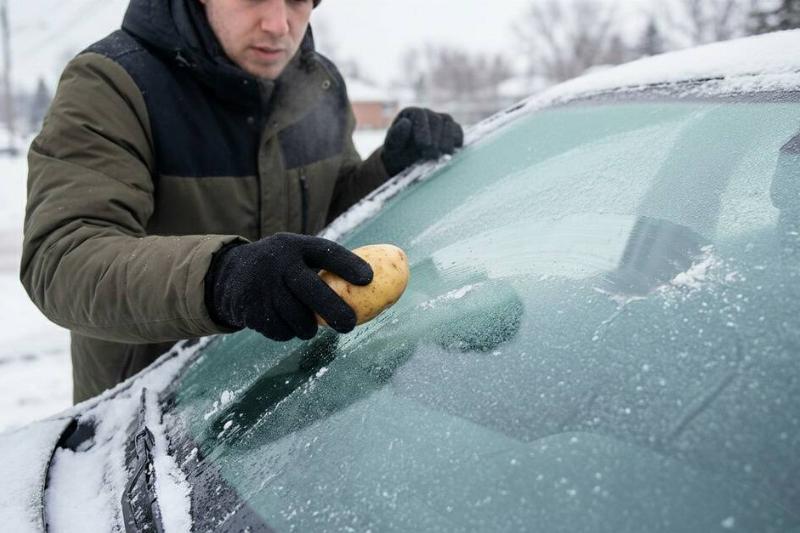 A man rubbing a potato on the windshield of a car. 