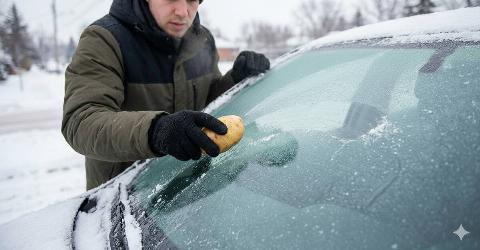 A man rubbing a potato on the windshield of a car. 