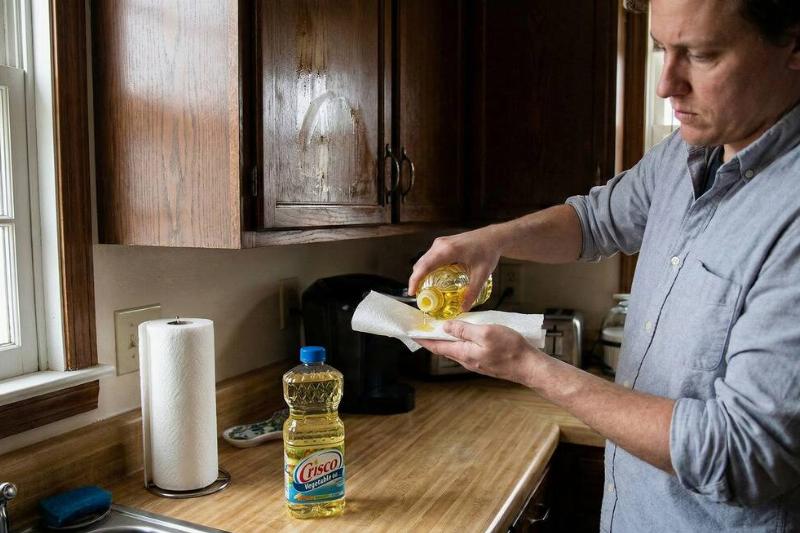 A man pouring oil on paper towel.