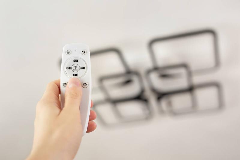 Hand holding remote in front of fan. 