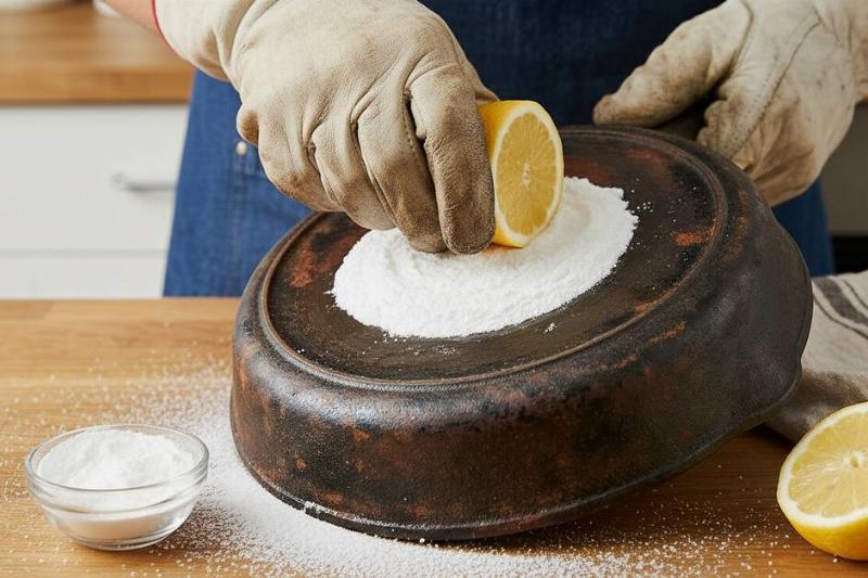 Rubbing a lemon and baking soda on a pan.