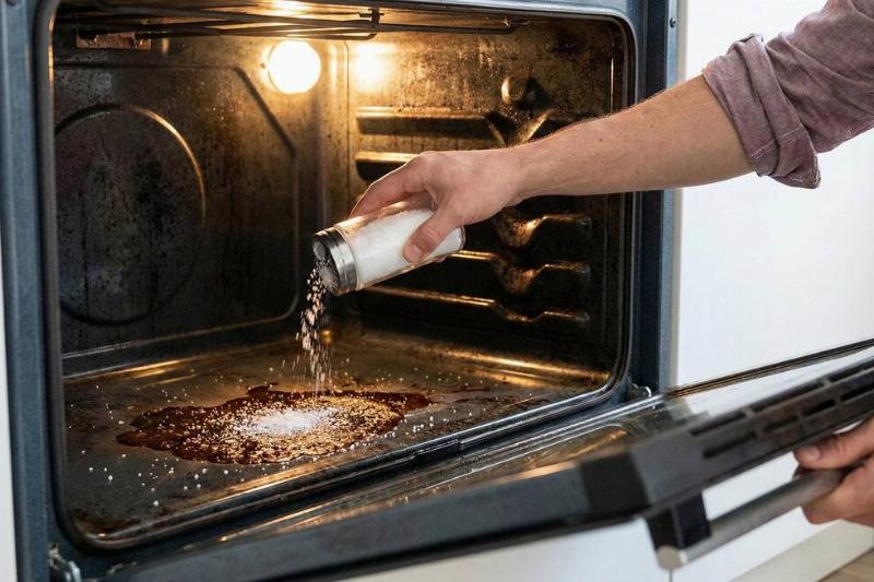 A person sprinkling salt in their oven. 