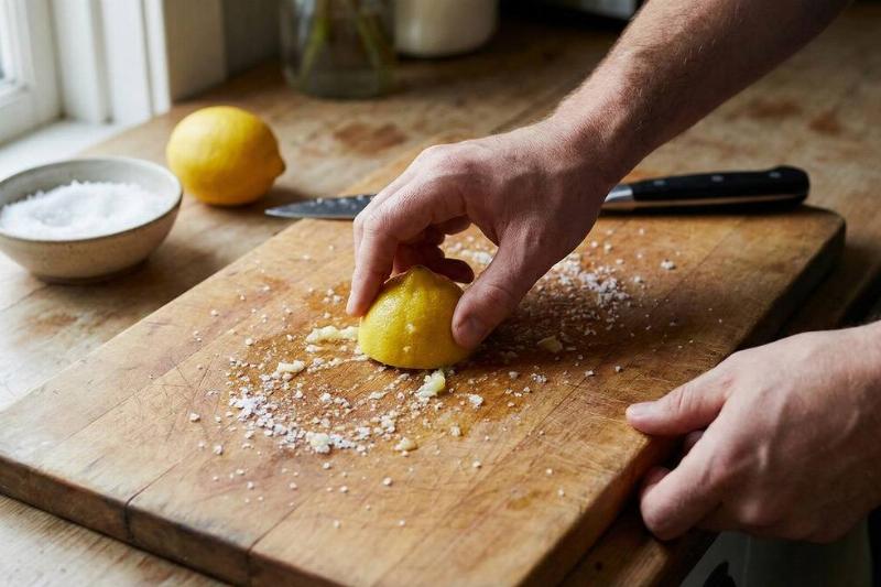 A hand rubbing salt on a cutting board with half of a lemon.