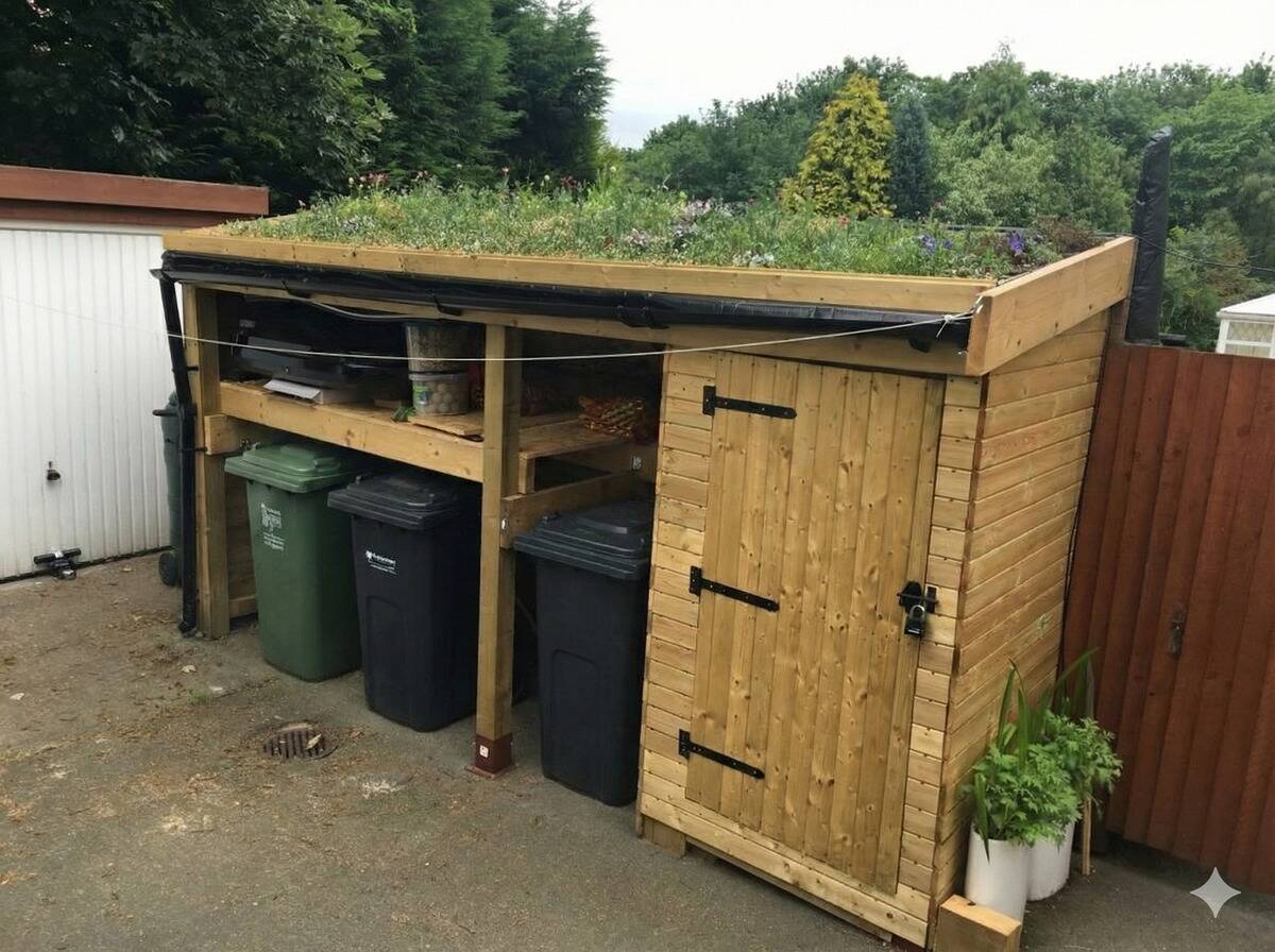 A shed with a planter box roof with garbage bins inside. 