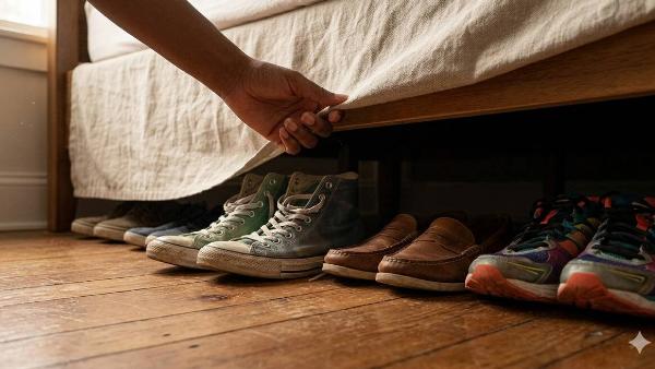 Shoes stored under a bed.