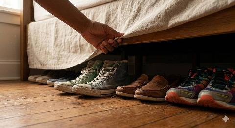 Shoes stored under a bed.