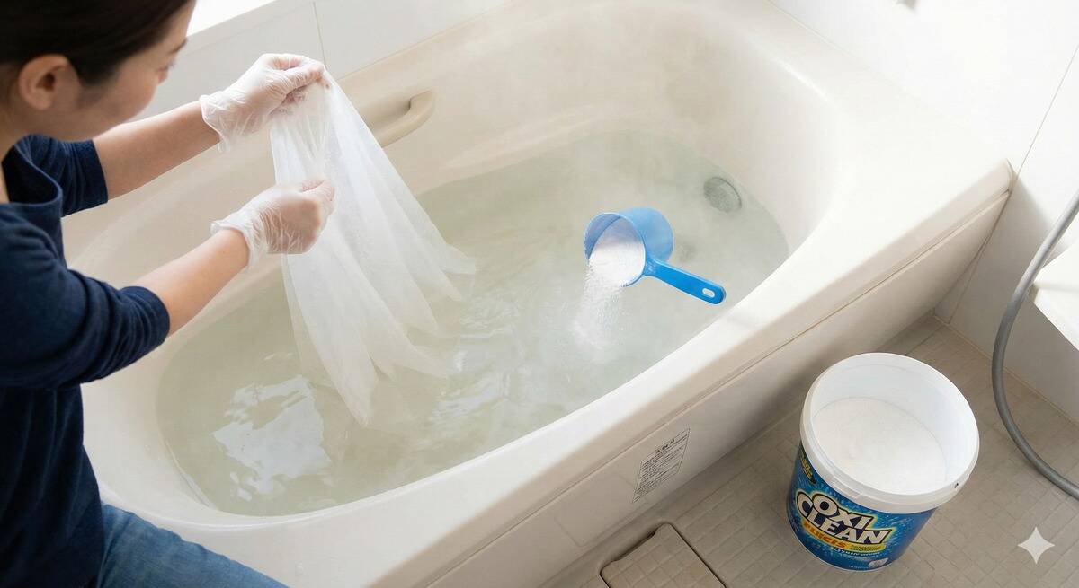 A shower curtain soaking in a bath with OxiClean. 