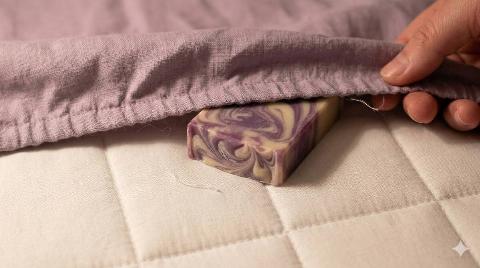 Soap under a fitted sheet on a mattress. 