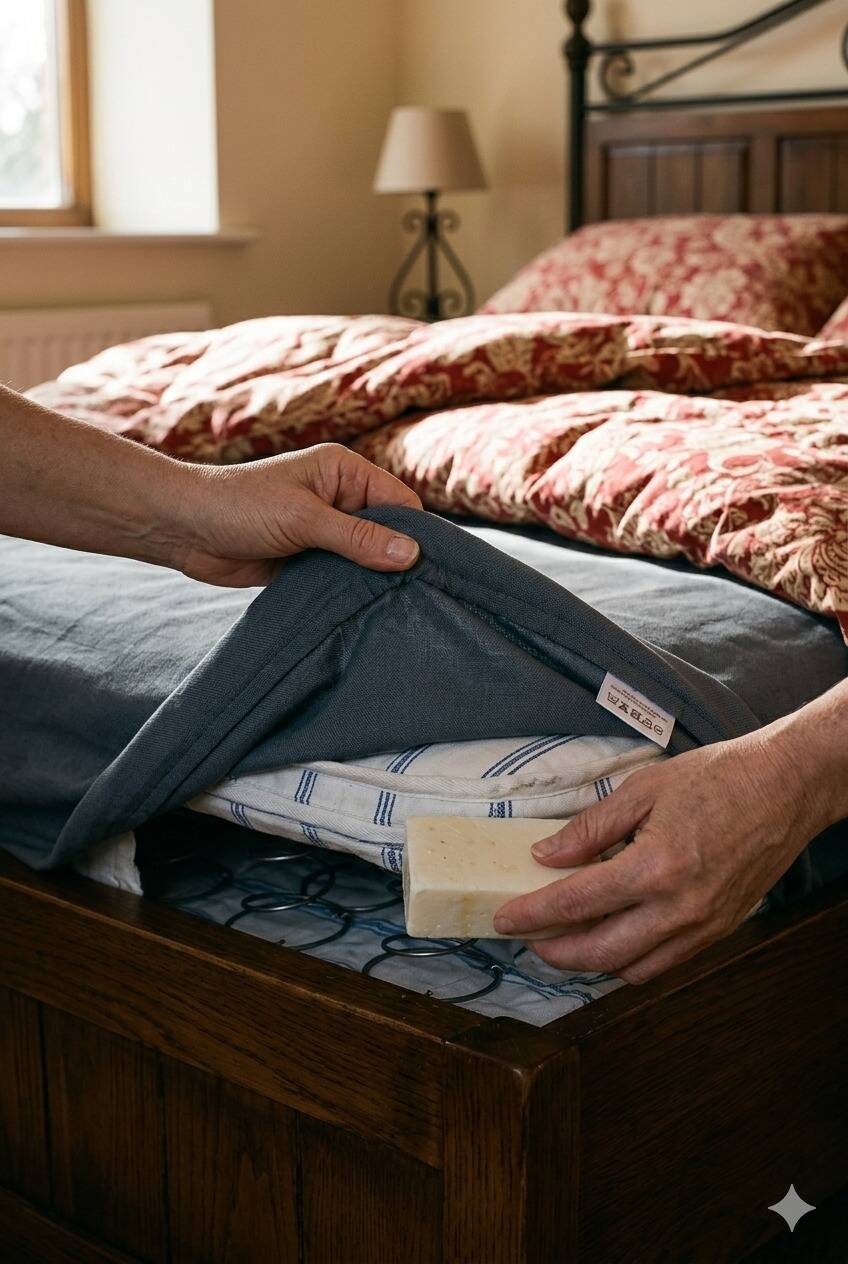 Hands putting a bar of soap under a fitted sheet. 