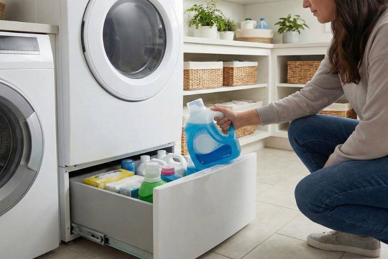 A person storing laundry detergent in the pedestal under their dryer. 
