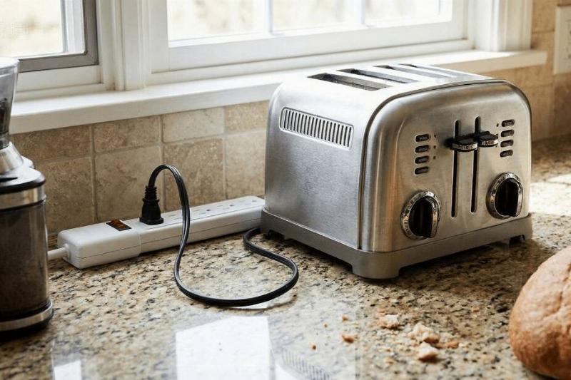 A toaster plugged into a power strip. 