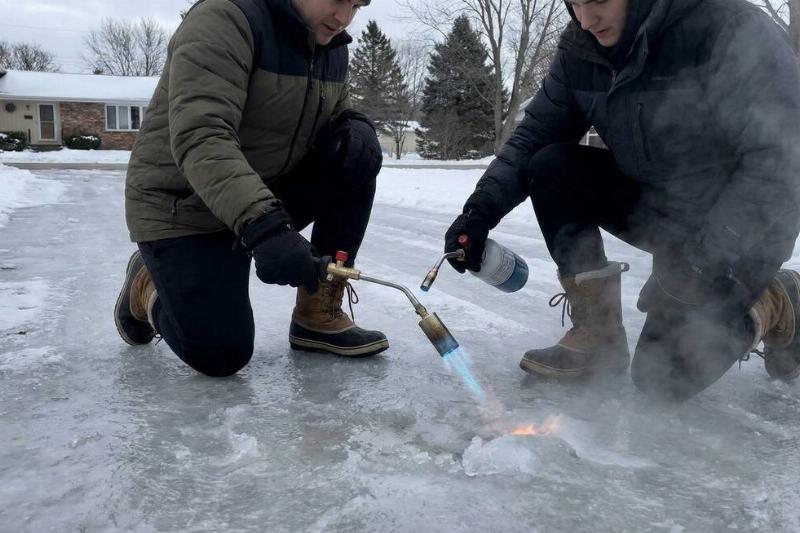 Two people using hand torches to melt ice.
