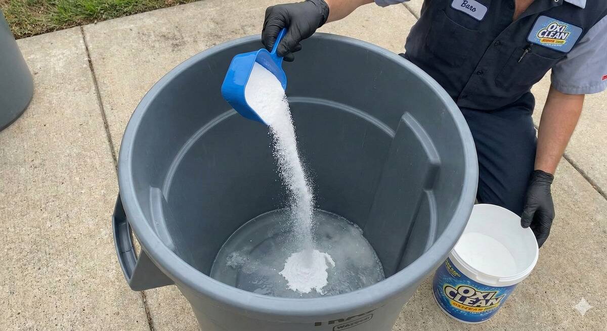 A person putting a scoop of OxiClean at the bottom of a trash can. 