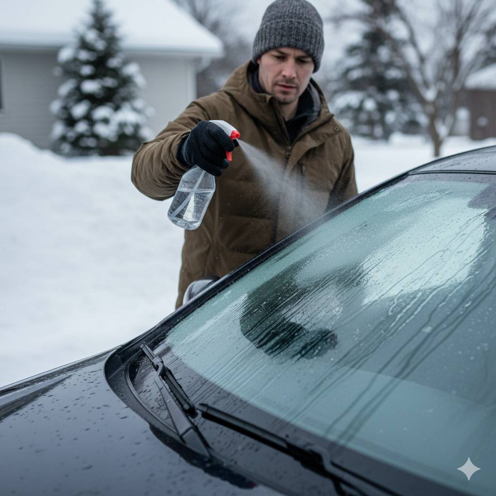 A man spraying the windshield of his car with a mix of vinegar and water.