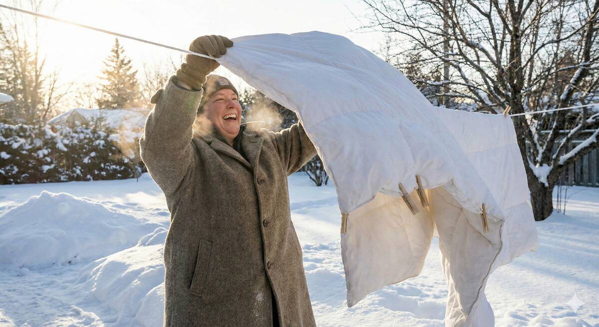 Woman hanging blanket on line in winter. 