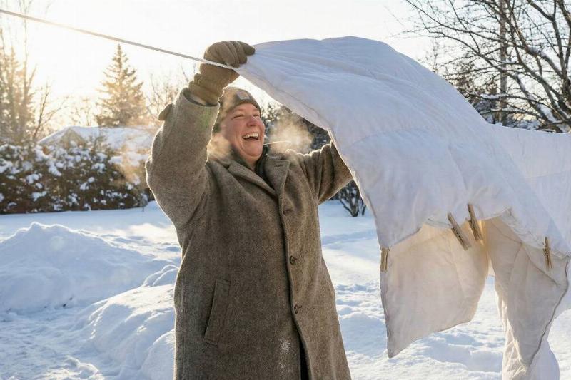 зимнее одеяло Женщина вешает одеяло зимой на веревку.