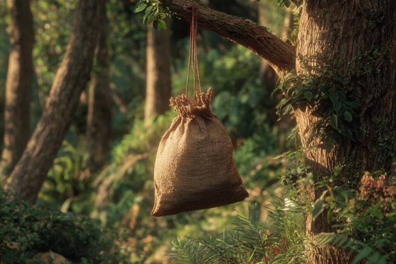 AI-rendering of a sack hanging from a tree branch with rope