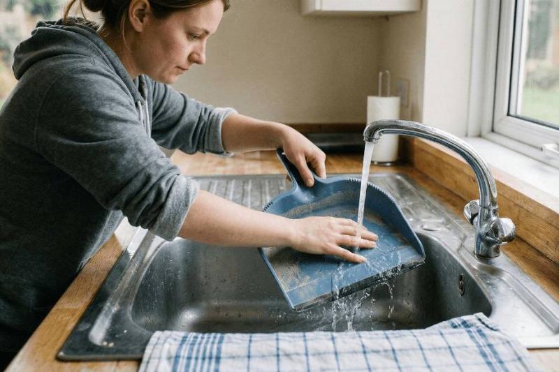 Woman running dustpan under sink to wet it. 