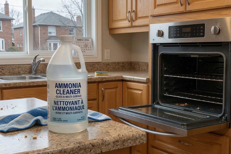 Ammonia cleaner on a counter near an oven.