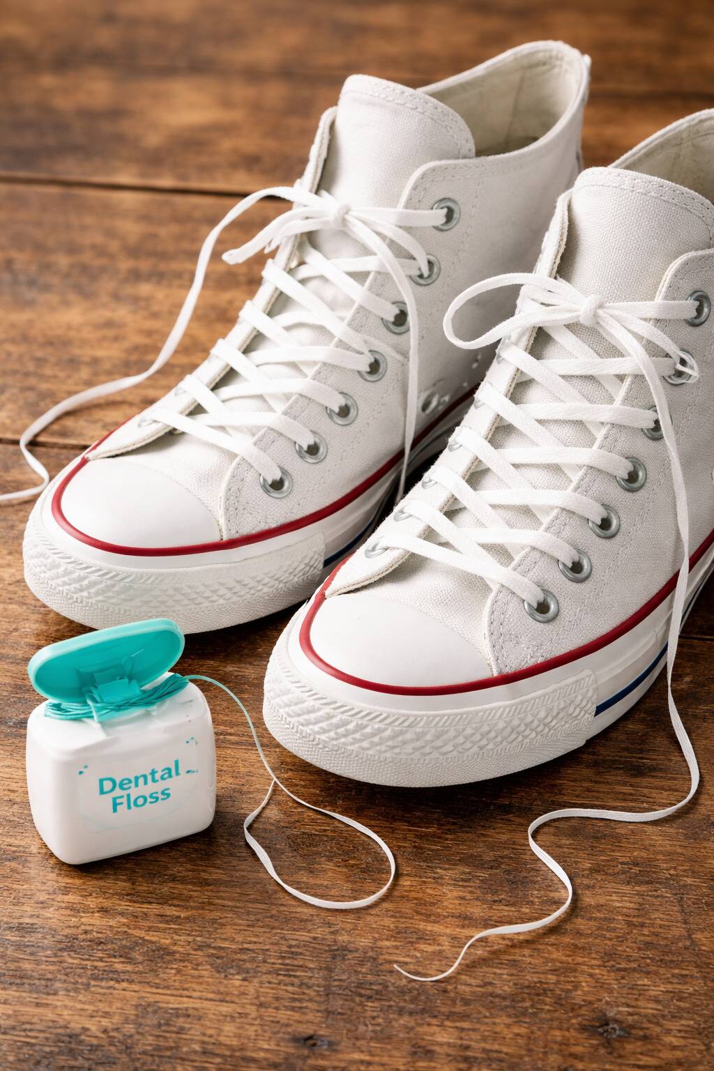 Converse sneakers with dental floss as the laces. A container of floss is placed near the shoes