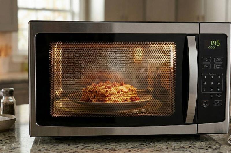 Food cooking in a microwave. 