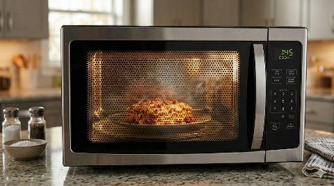 Food cooking in a microwave. 