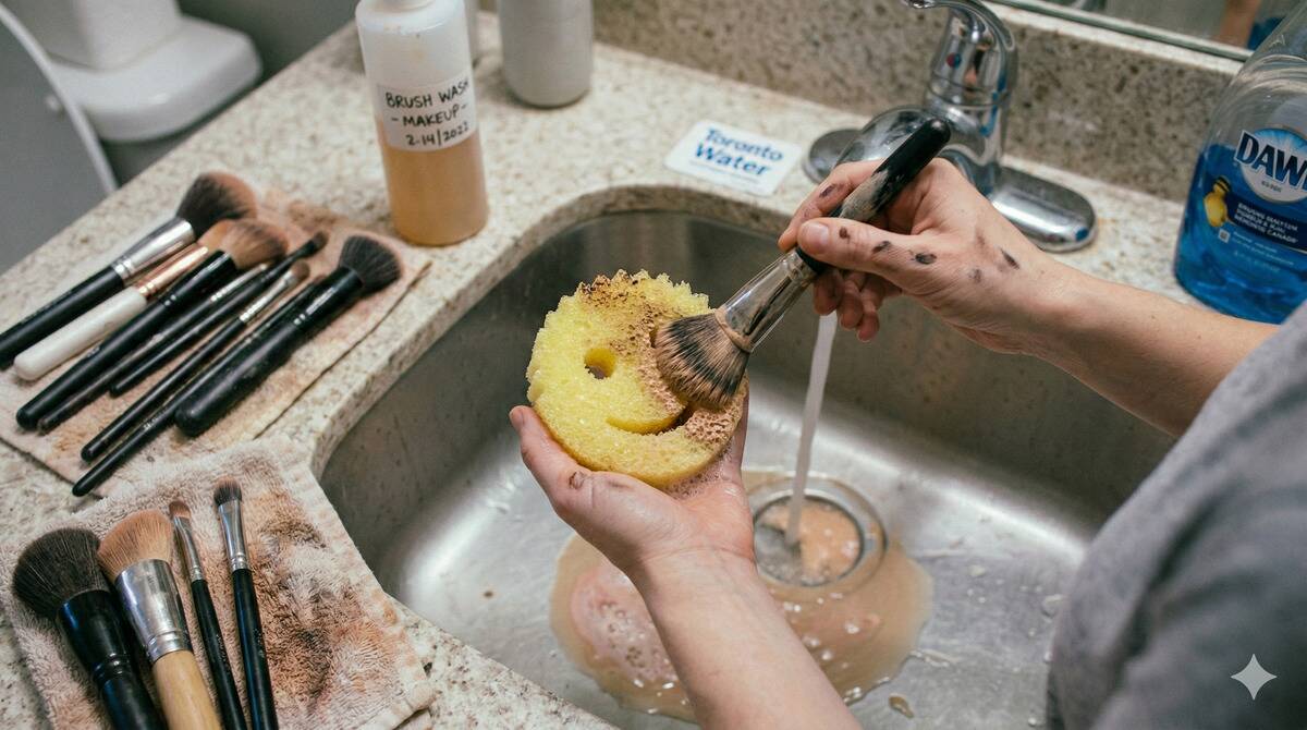 Cleaning makeup brushes using a Scrub Daddy. 