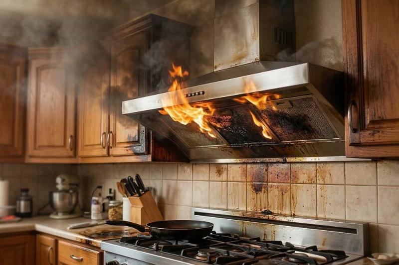 Kitchen range hood on fire. 