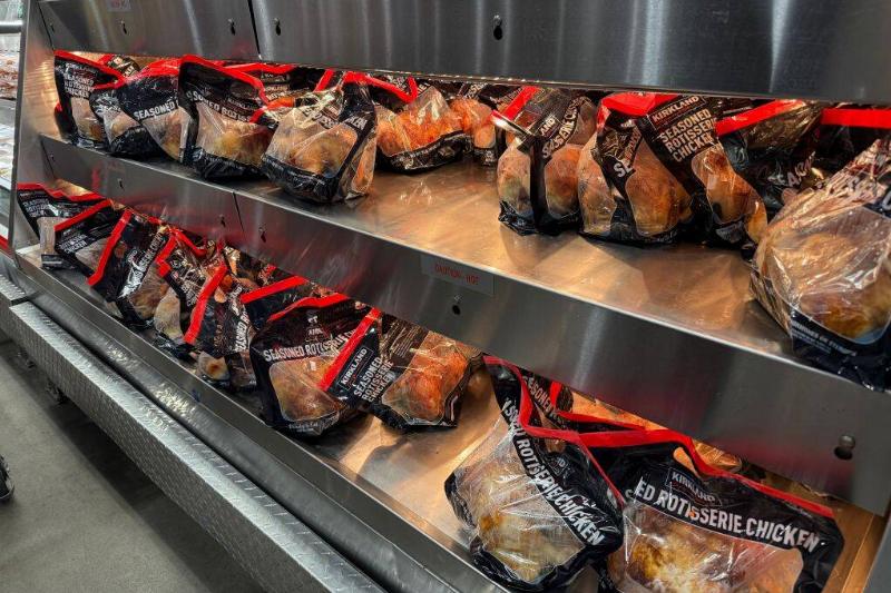 Costco rotisserie chickens on display