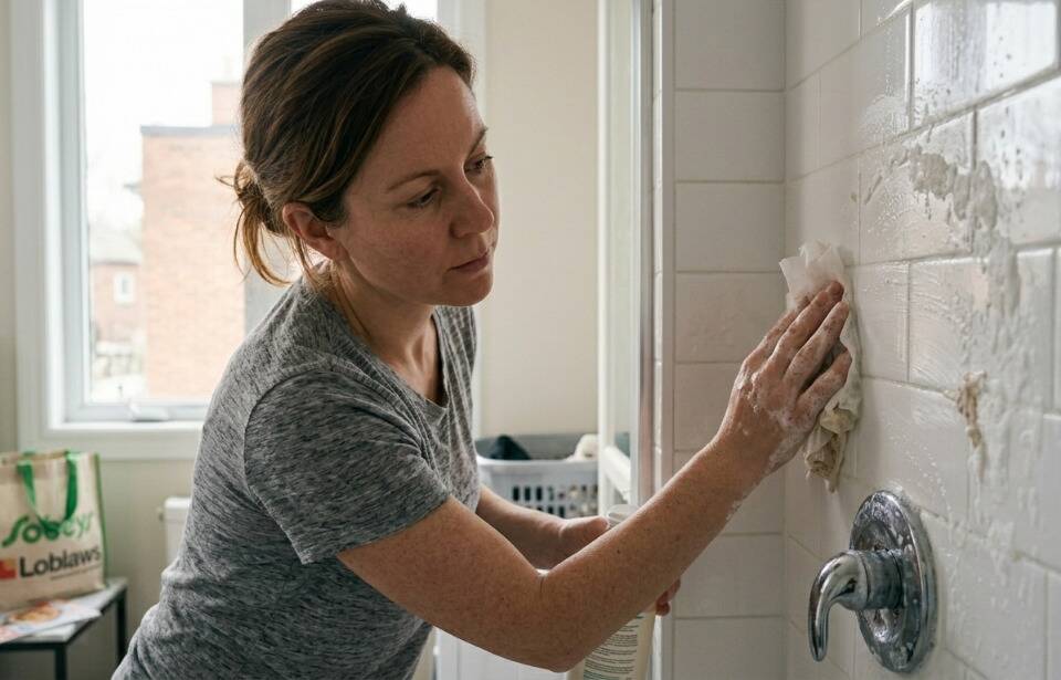 Rubbing a dryer sheet on the wall to clean the shower. 