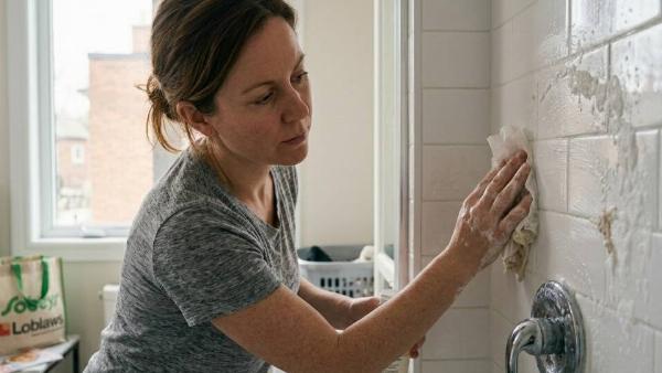 Rubbing a dryer sheet on the wall to clean the shower. 