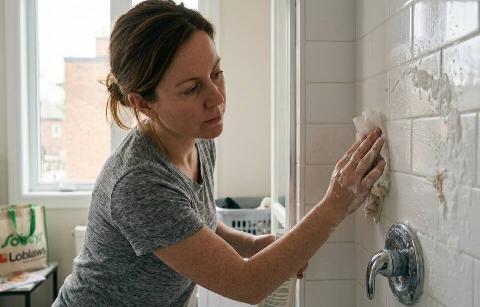 Rubbing a dryer sheet on the wall to clean the shower. 