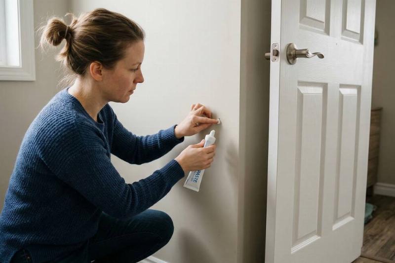 Person putting toothpaste on wall.