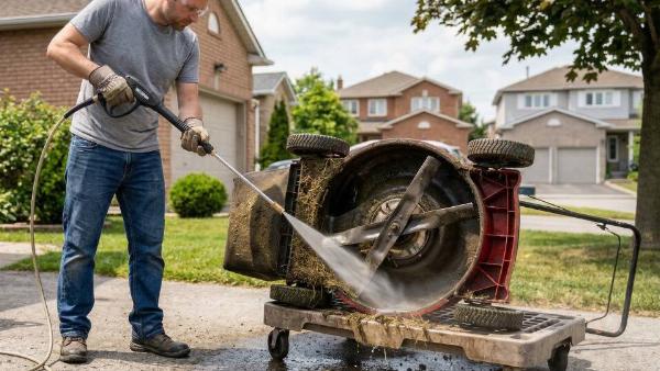 A person pressure washing the underside of a lawn mower. 