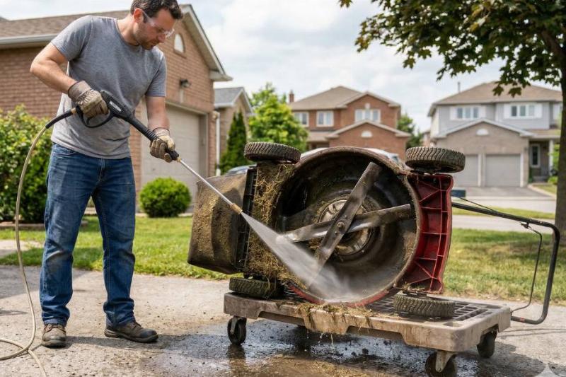 A person pressure washing the underside of a lawn mower. 