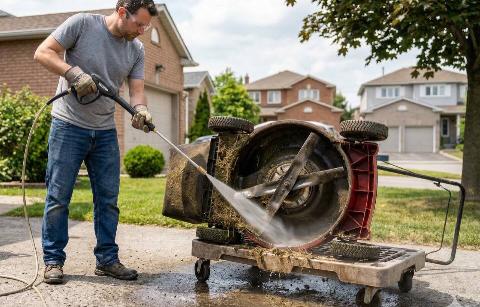 A person pressure washing the underside of a lawn mower. 
