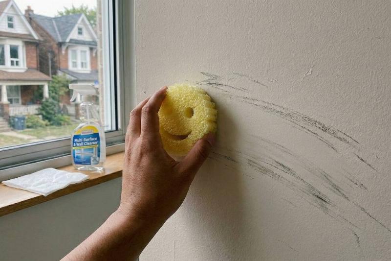 Wall scuffs being cleaned by a Scrub Daddy.