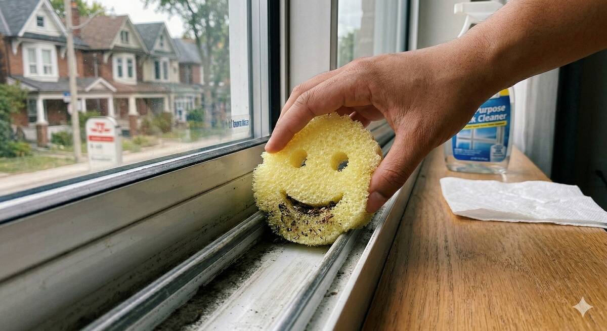 A Scrub Daddy being used to clean the tracks of a window. 
