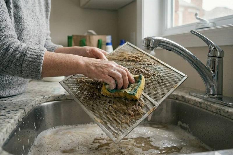 Hand scrubbing a greasy kitchen vent hood with an old sponge. 