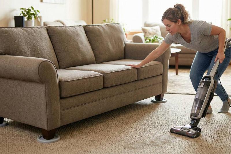 A woman sliding a couch to vacuum under it. 