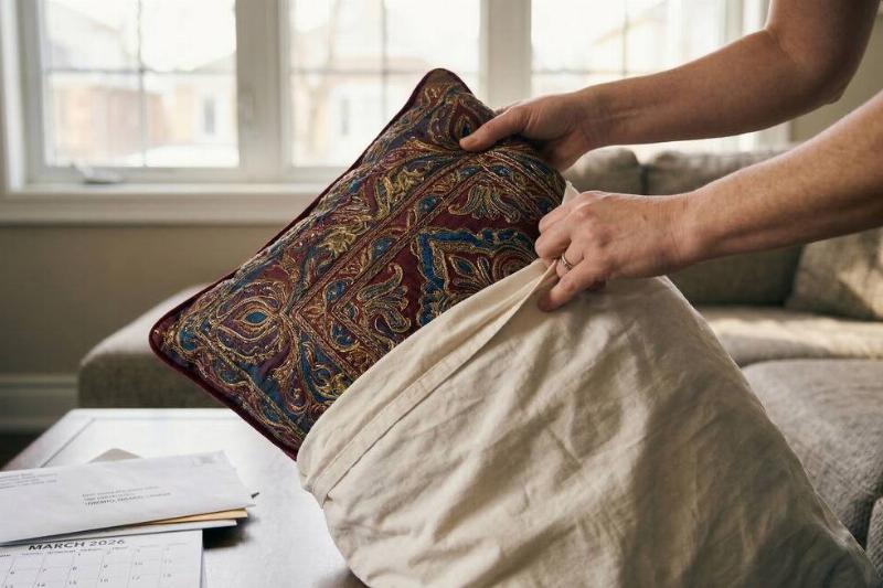 A person putting a fancy throw pillow inside of a pillowcase. 