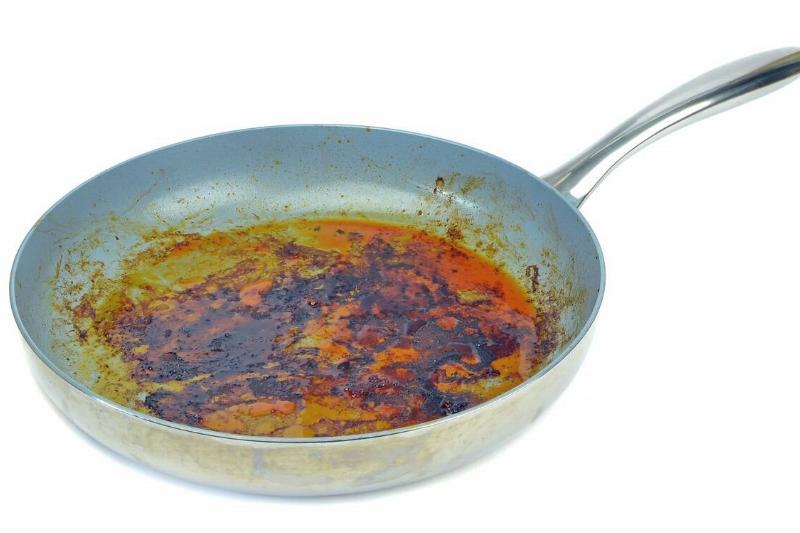 A dirty, burnt frying pan.