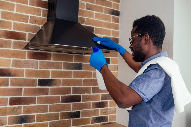 Man cleaning the outside of a kitchen hood vent. 
