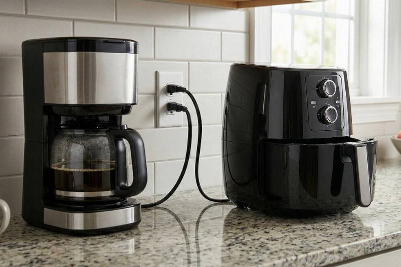 An air fryer and coffee maker plugged into the same outlet. 