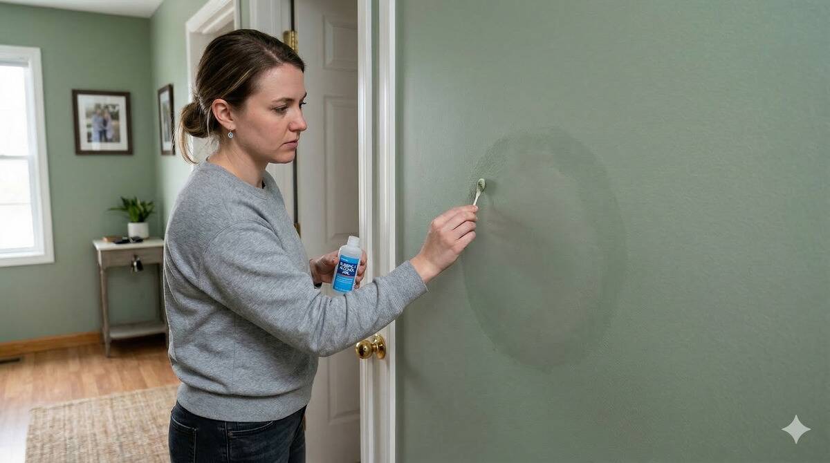 A person using rubbing alcohol to try to get a scuff mark off their painted wall. 