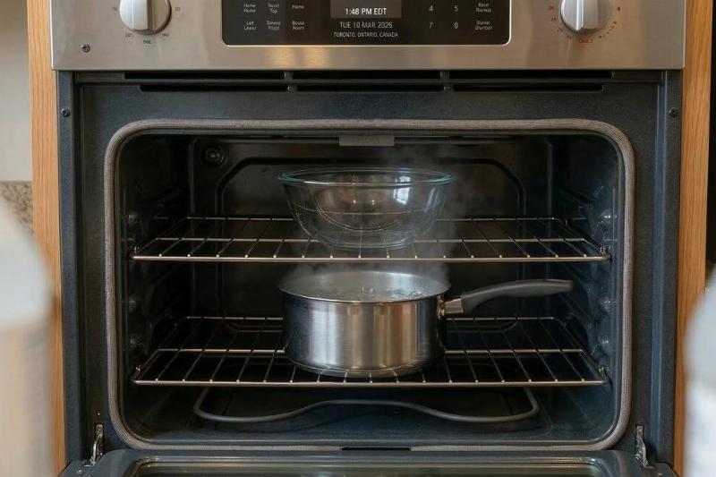 Ammonia cleaner in a glass bowl on top of a boiling pot of water in an oven. 