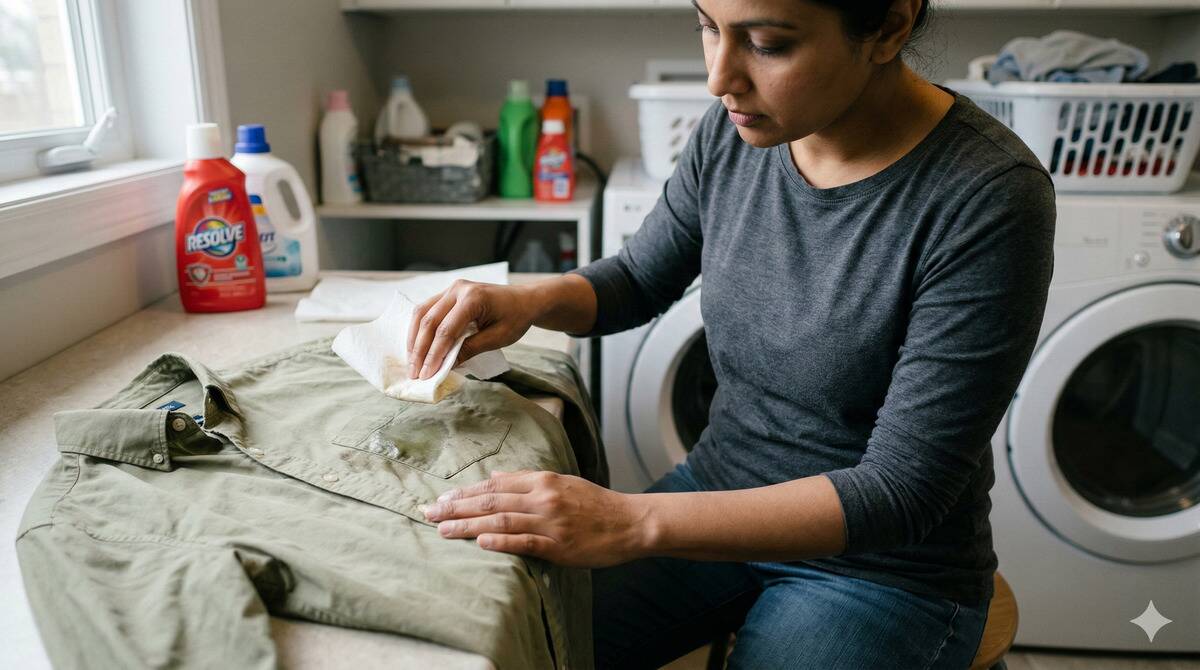 A woman blotting oil off of a stained shirt.