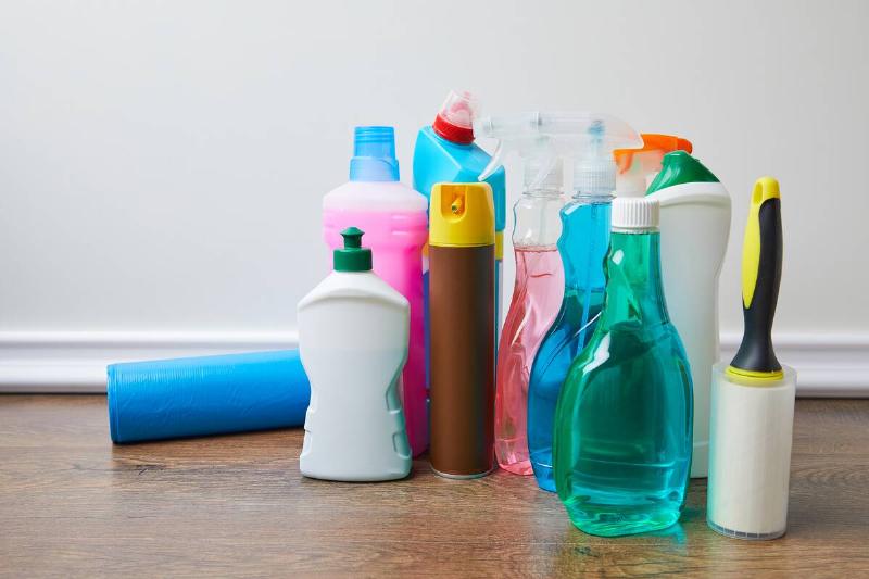 Bottles of different cleaning products. 